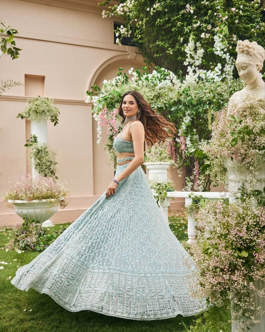 Sea Green Net Sequence Work Lehenga Choli
