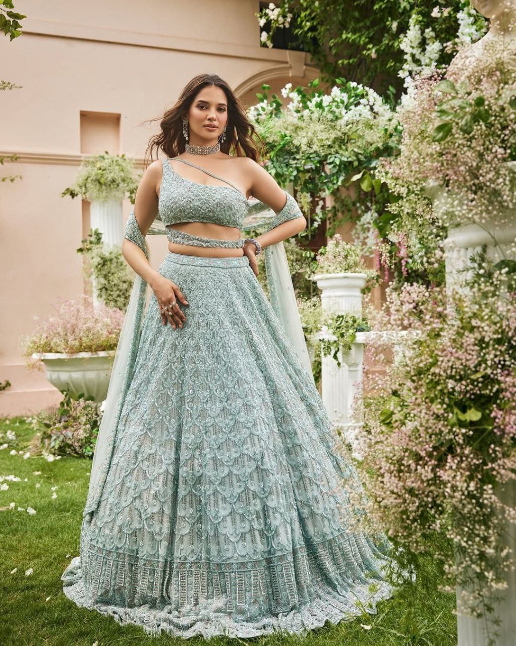 Sea Green Net Sequence Work Lehenga Choli