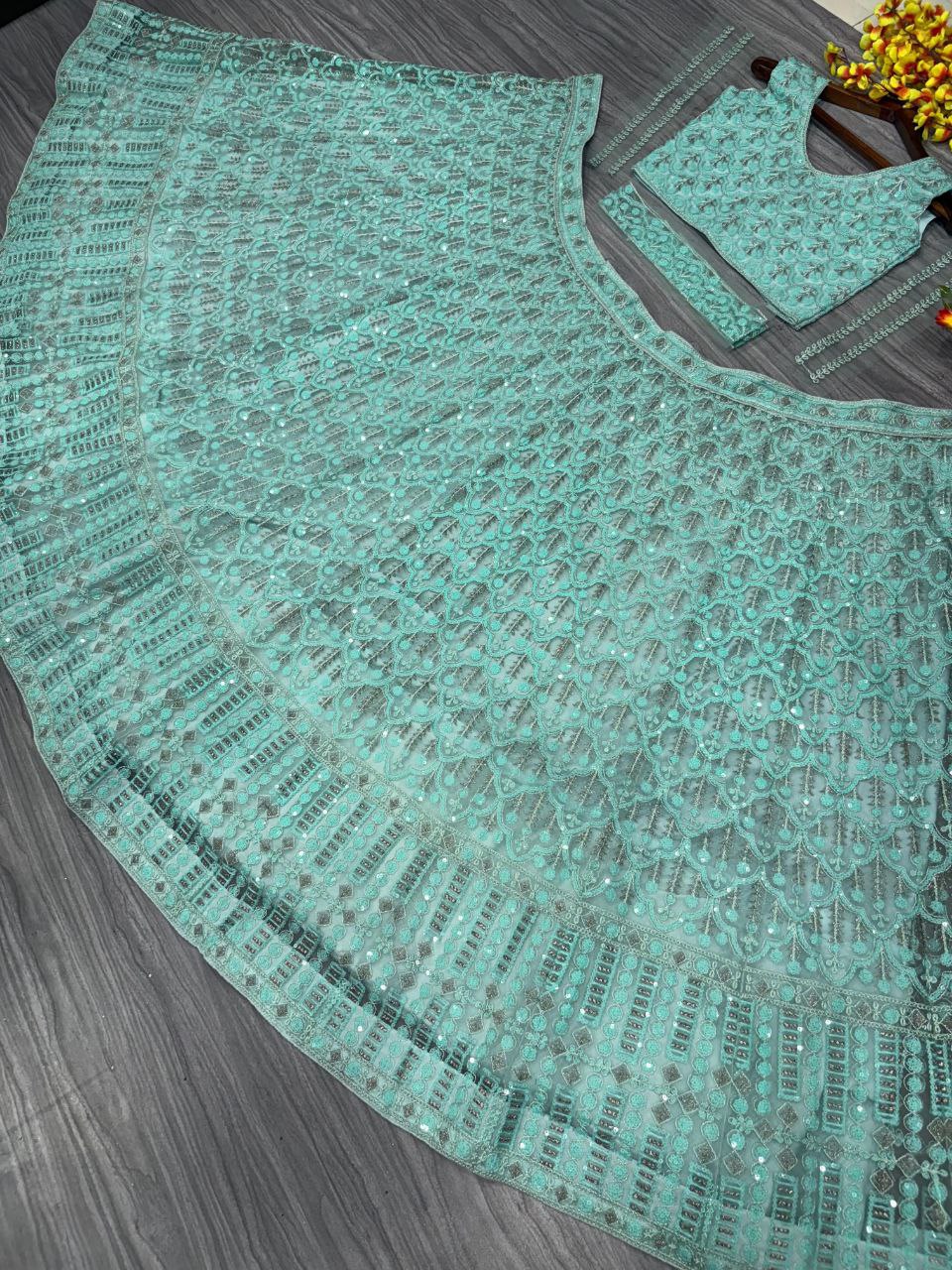 Sea Green Net Sequence Work Lehenga Choli