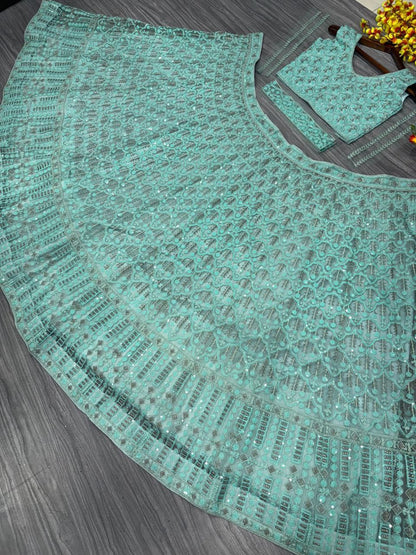 Sea Green Net Sequence Work Lehenga Choli