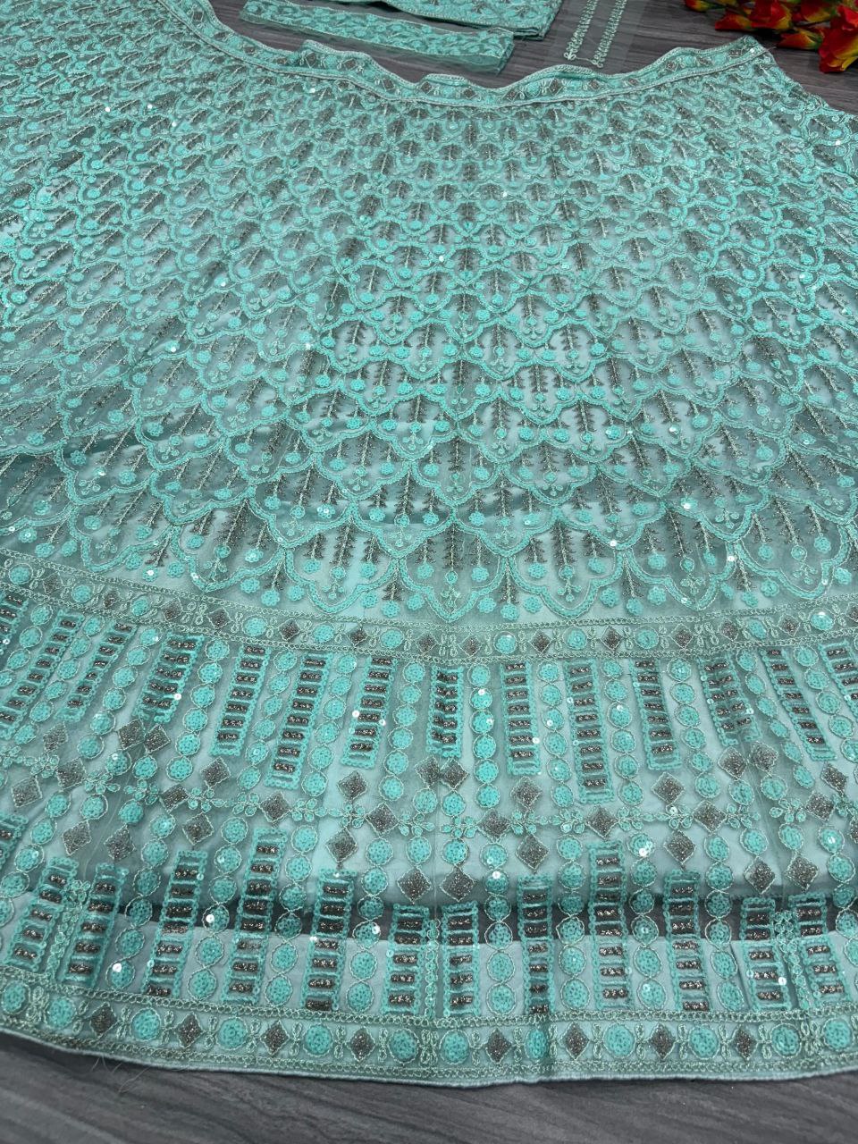 Sea Green Net Sequence Work Lehenga Choli
