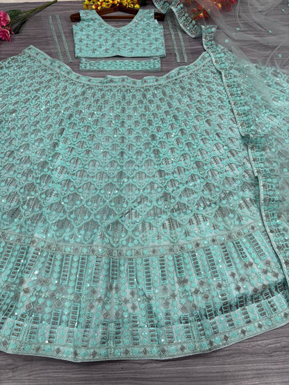 Sea Green Net Sequence Work Lehenga Choli