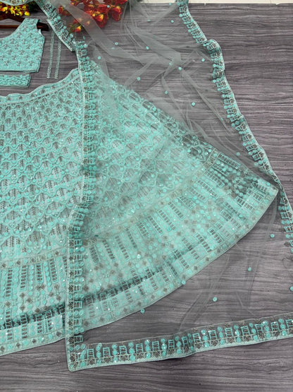 Sea Green Net Sequence Work Lehenga Choli