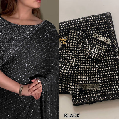Party Wear Georgette Saree With Heavy Sequins Embroidery