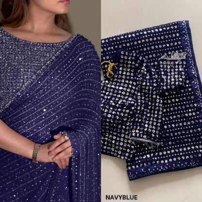 Party Wear Georgette Saree With Heavy Sequins Embroidery