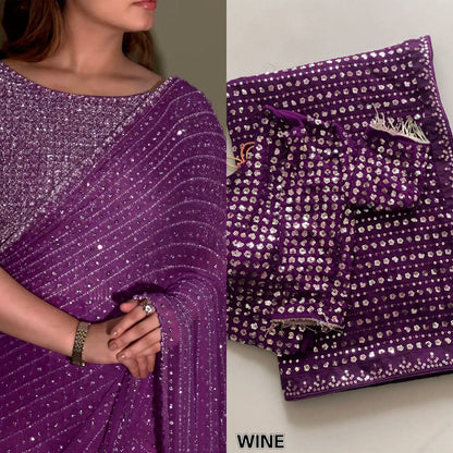 Party Wear Georgette Saree With Heavy Sequins Embroidery