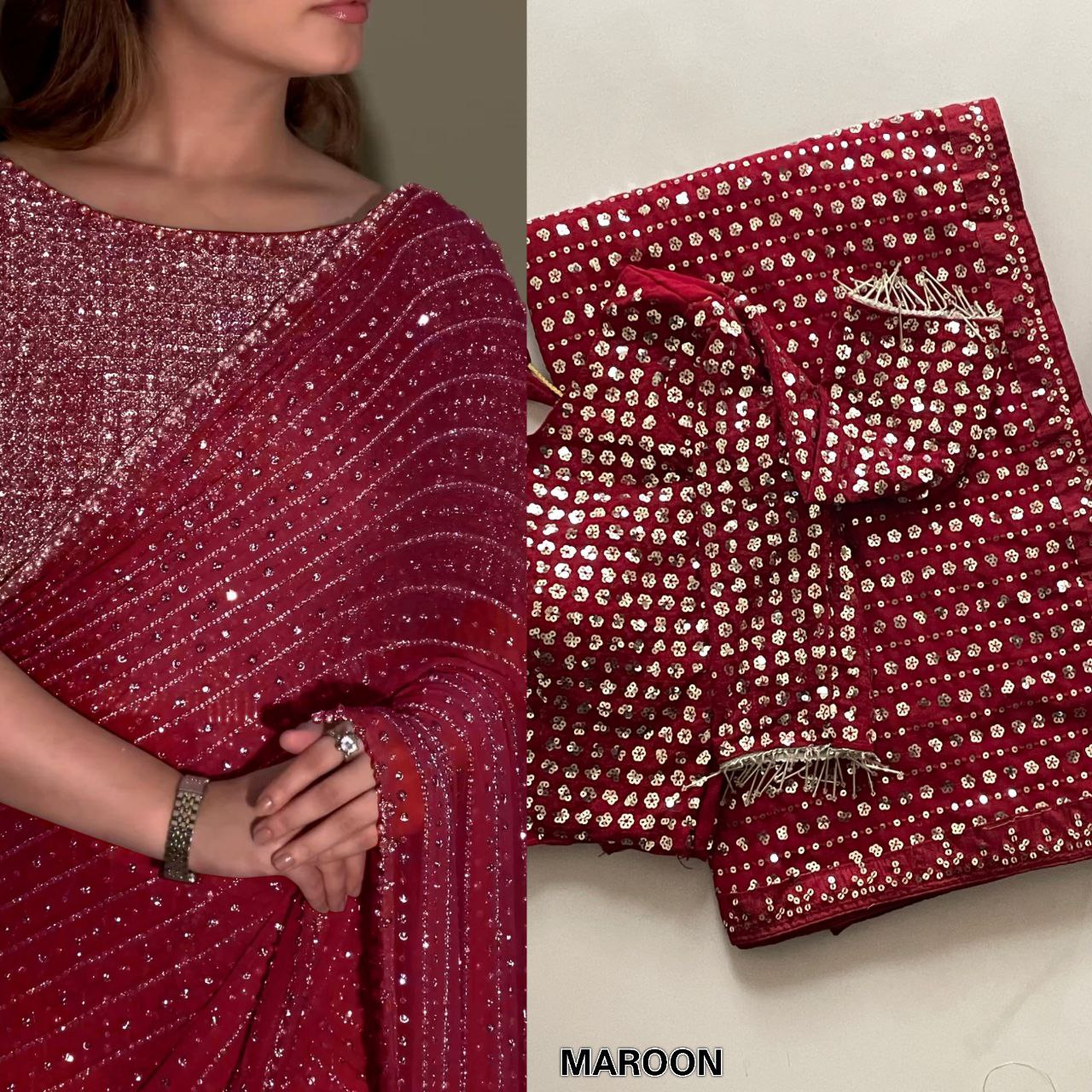 Party Wear Georgette Saree With Heavy Sequins Embroidery