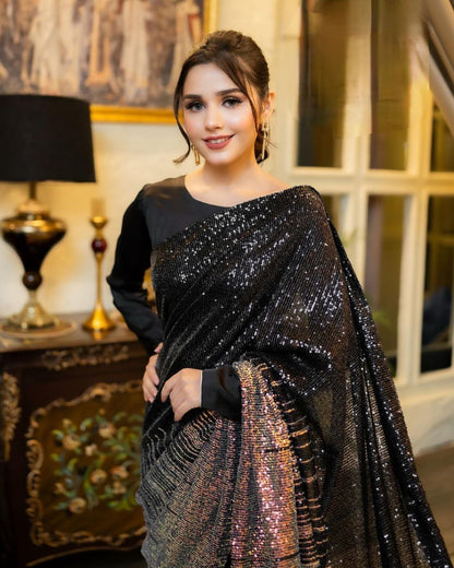 Ruhi Black Sequence Work Party Wear Saree Blouse