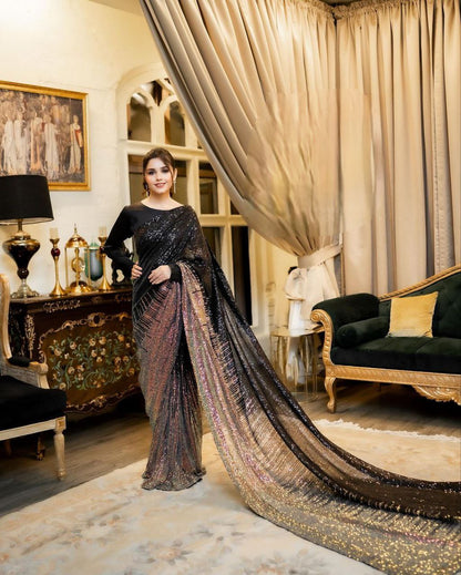Ruhi Black Sequence Work Party Wear Saree Blouse