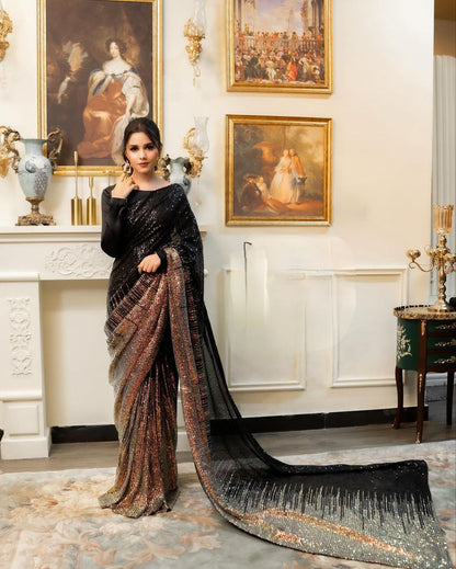 Ruhi Black Sequence Work Party Wear Saree Blouse