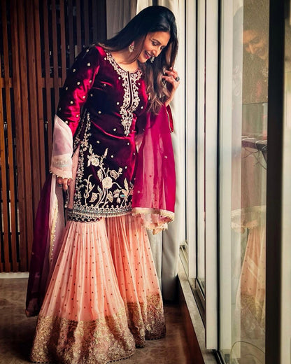 Party Wear Velvet Embroidered Full Stiched Sharara Suit