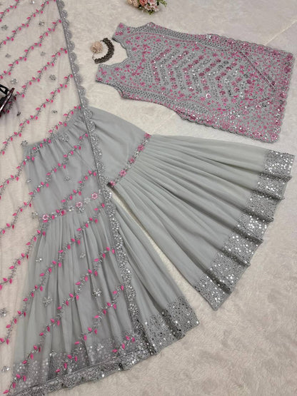 Grey Color Georgette Sequence Work Stitched Sharara Suit