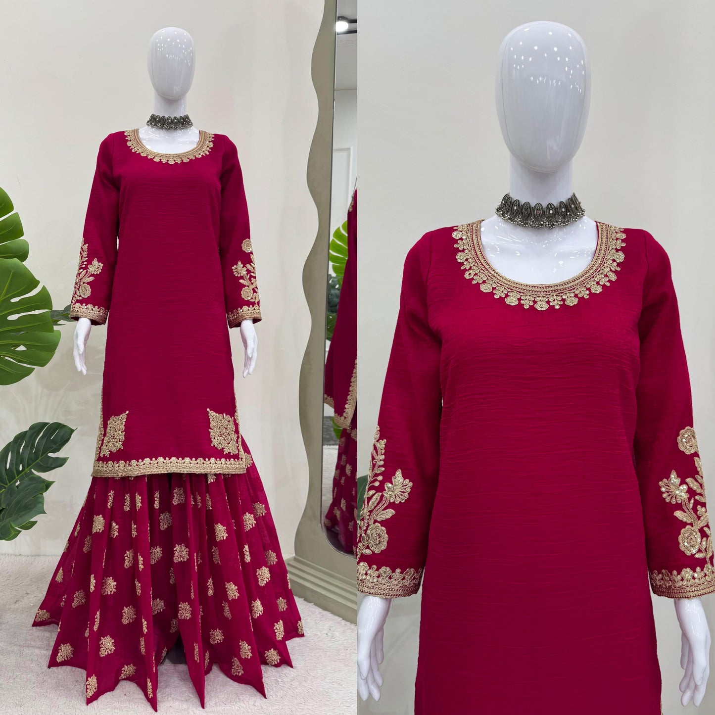Rani Pink Silk Coding & Sequence Work Sharara Suit