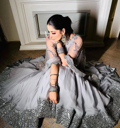 Grey Color Georgette Sequence Work Stitched Sharara Suit