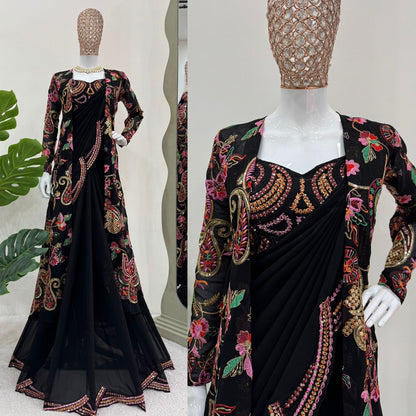 Beautiful Black Georgette Multi Color Thread Work Saree With Shrug