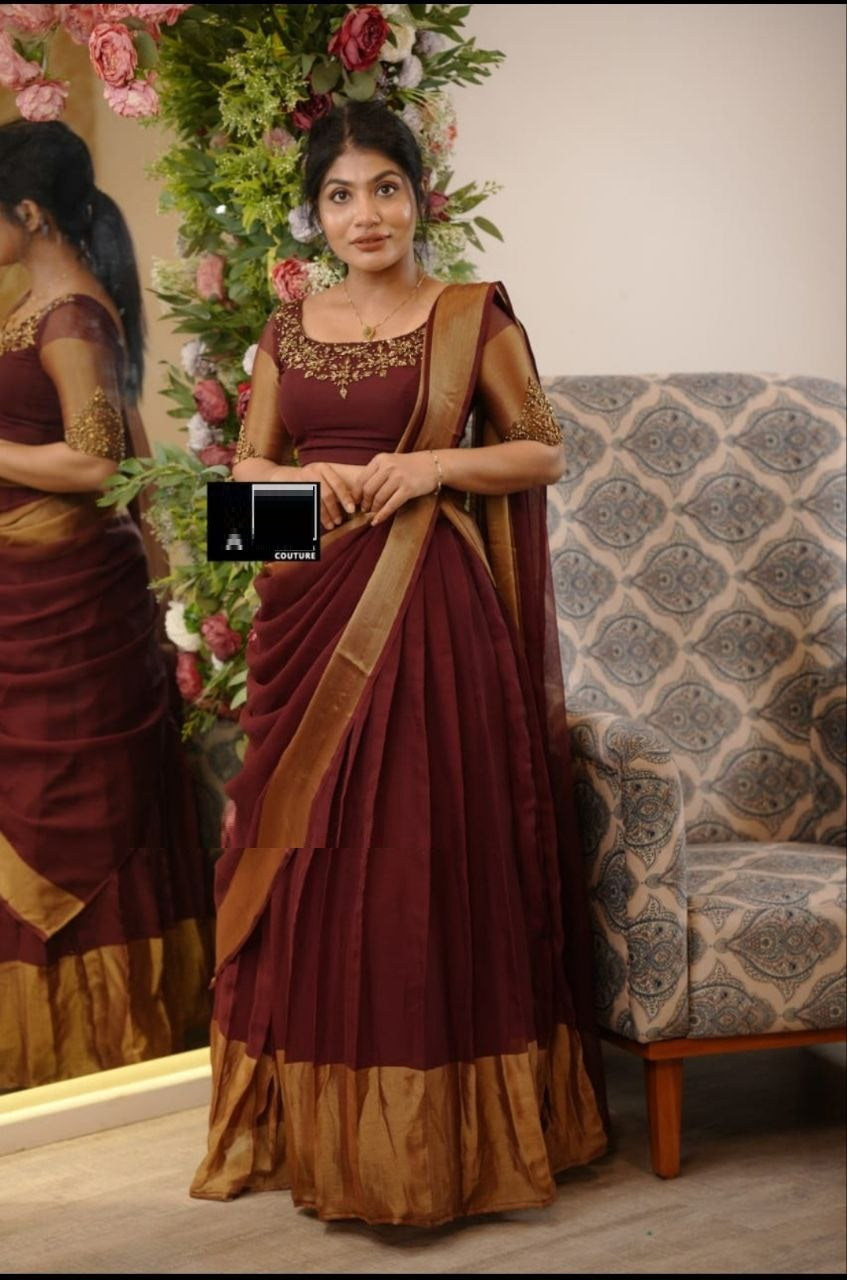 South India Style Chiffon Jari Silk Lehenga Choli With Dupatta