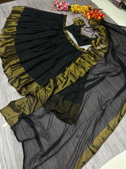 South India Style Chiffon Jari Silk Lehenga Choli With Dupatta