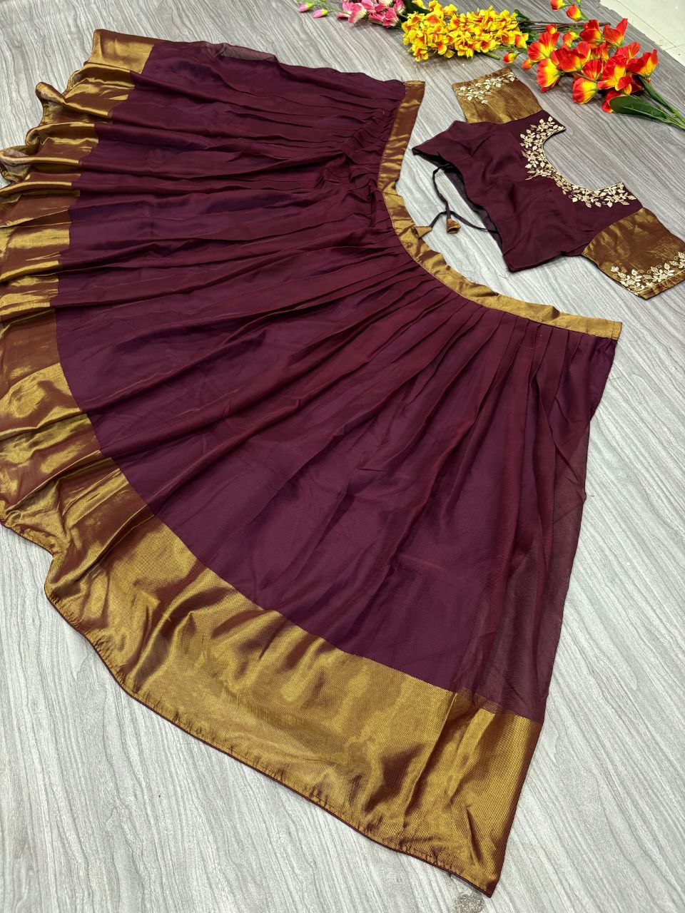 South India Style Chiffon Jari Silk Lehenga Choli With Dupatta