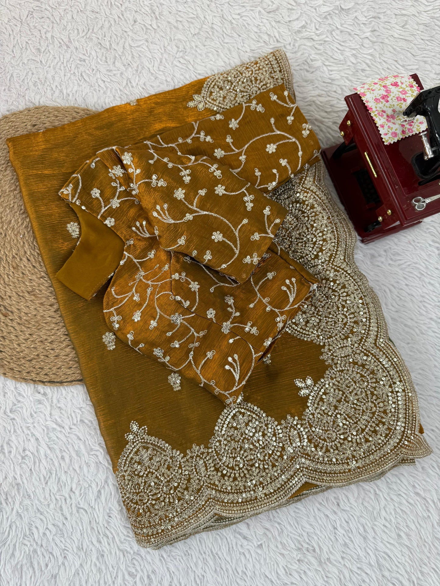 Party Wear Fendi Chiffon Silk Heavy Border Work Saree Blouse