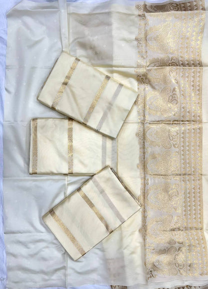 South Style Ivory Banarsi Silk Gold Jari Weaving Rich Pallu Saree