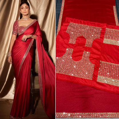 Red Color Rangoli Silk Real Mirror Work Saree Blouse