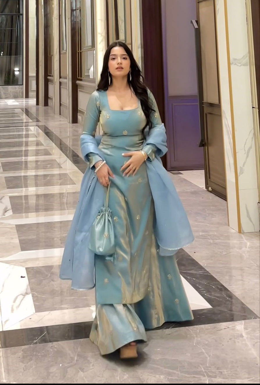 Sky Color Fandy Silk Ready to Wear Plazo Suit