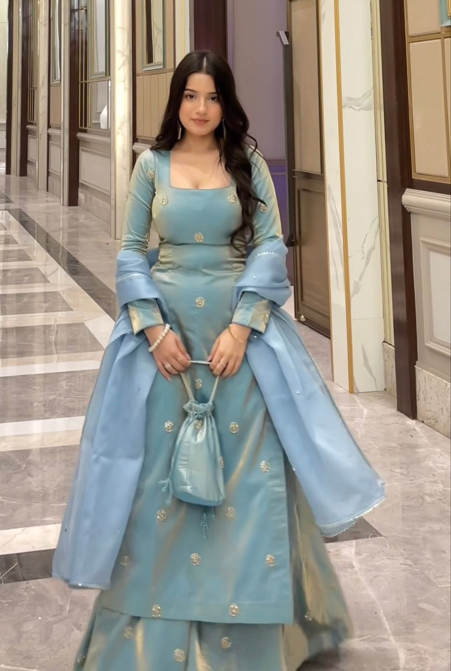 Sky Color Fandy Silk Ready to Wear Plazo Suit