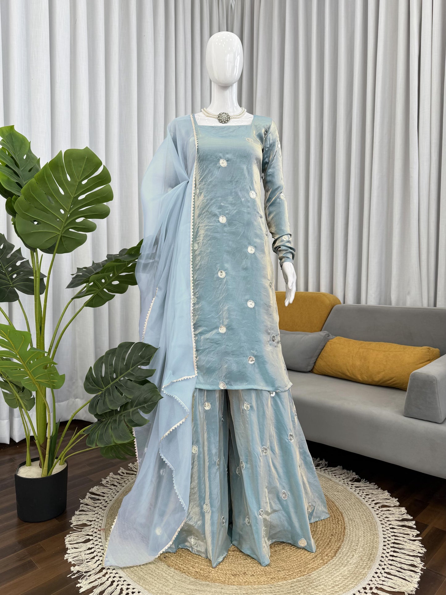 Sky Color Fandy Silk Ready to Wear Plazo Suit