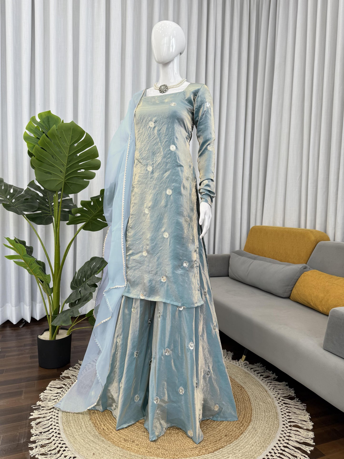 Sky Color Fandy Silk Ready to Wear Plazo Suit