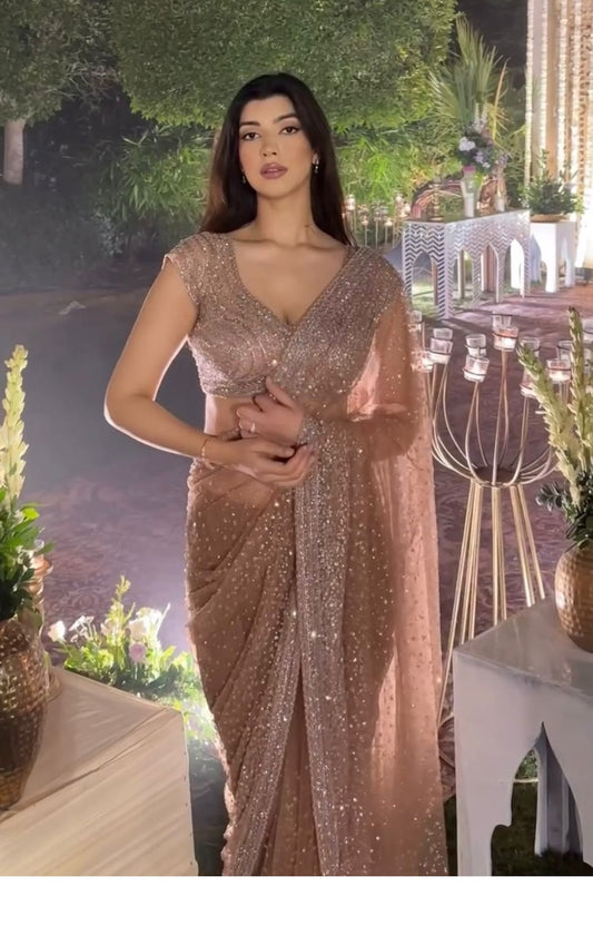 Skin Color Soft Net Sequence Work Saree