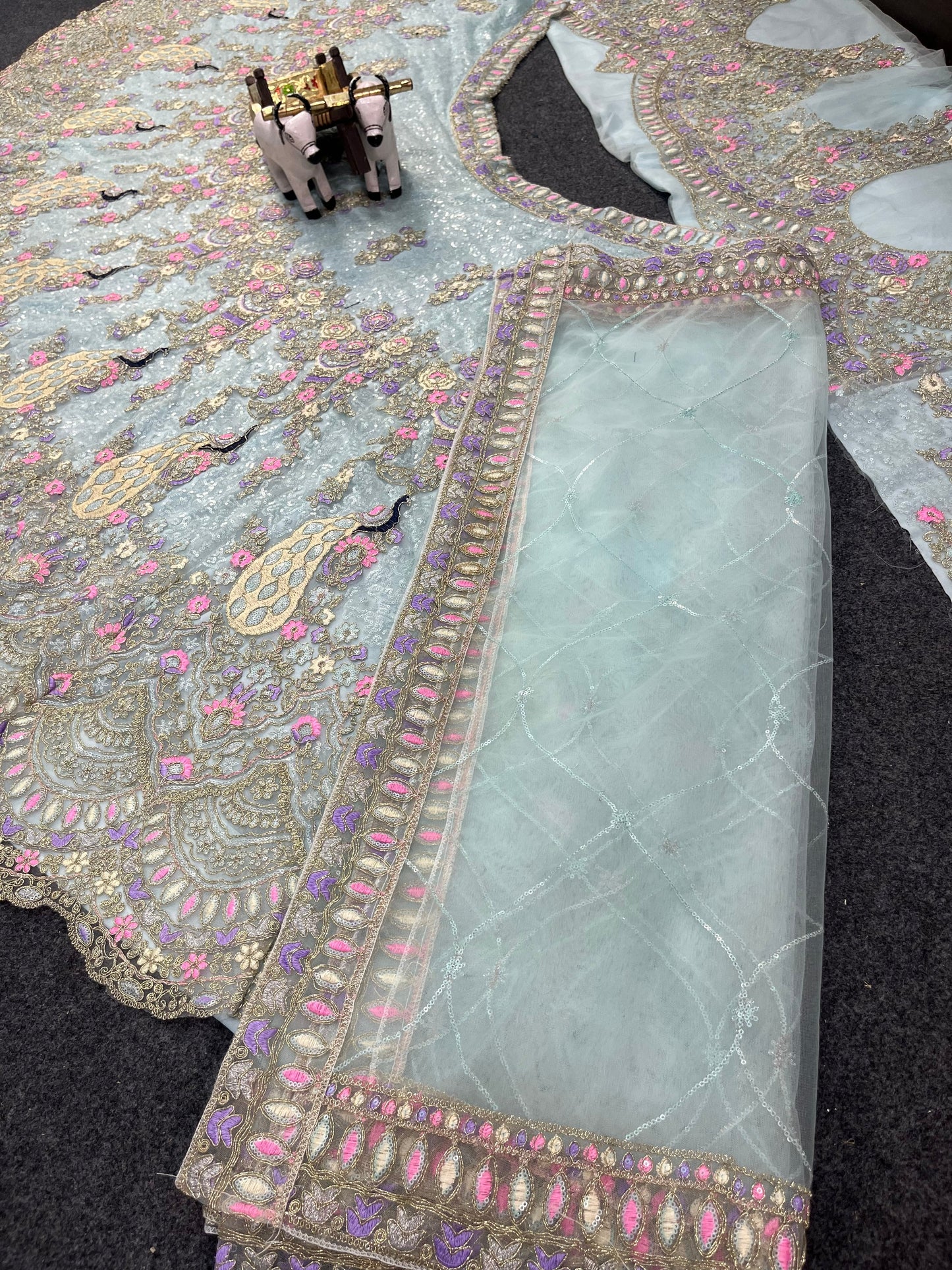 Sky Color Soft Net Coding Embroidered Work Peacock Design Lehenga Choli