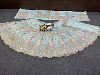 Sky Color Soft Net Coding Embroidered Work Peacock Design Lehenga Choli