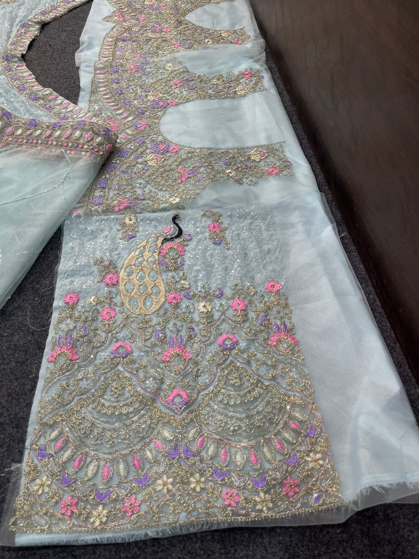 Sky Color Soft Net Coding Embroidered Work Peacock Design Lehenga Choli