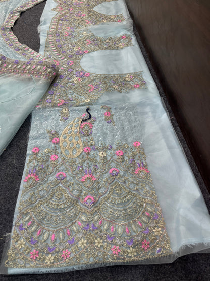 Sky Color Soft Net Coding Embroidered Work Peacock Design Lehenga Choli