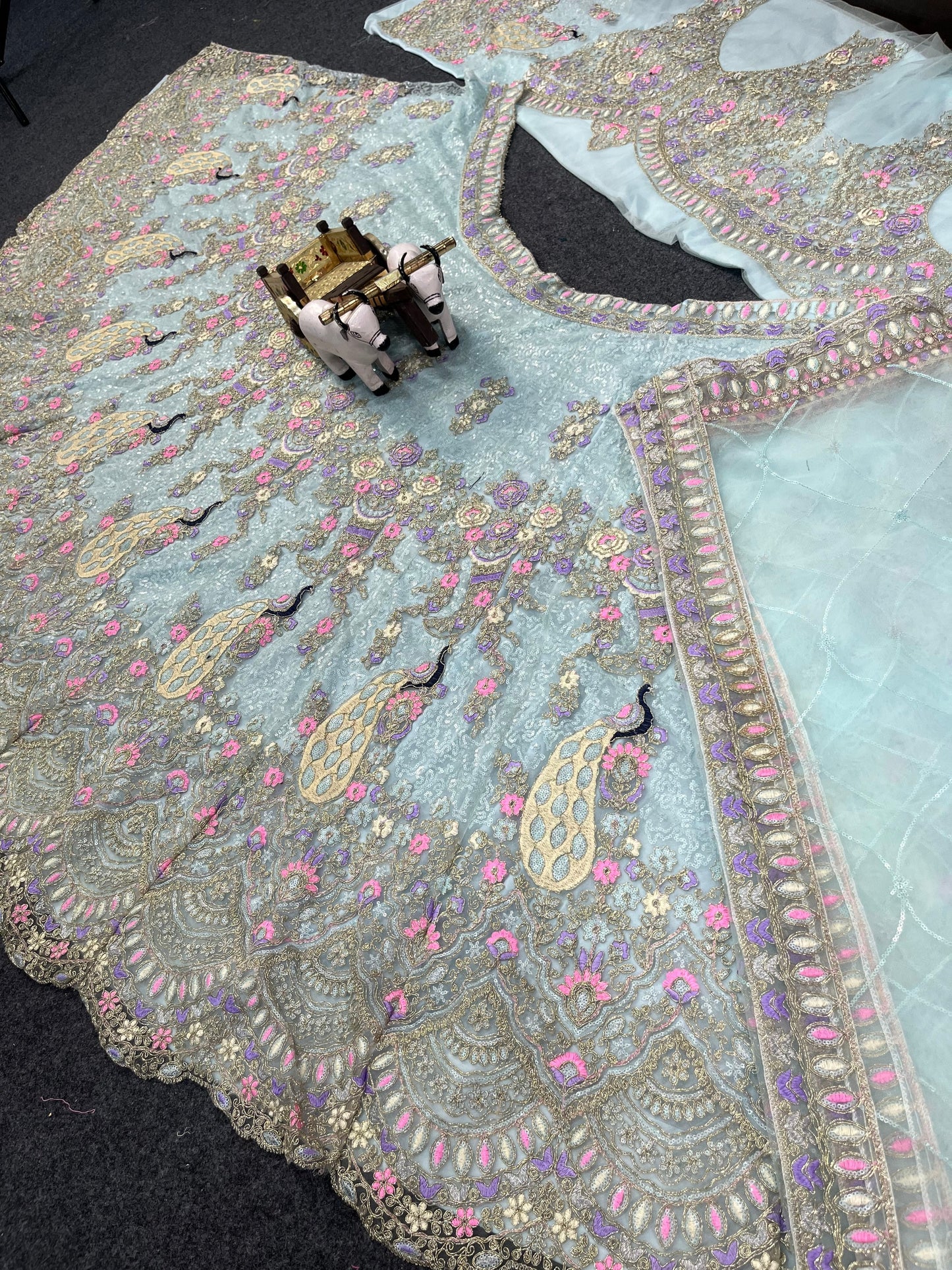 Peacock Design Light Sky Color Soft Net Coding Embroidered Work  Lehenga Choli