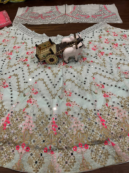 Sky Color Georgette Real Mirror Work Semi Stitched Lehenga