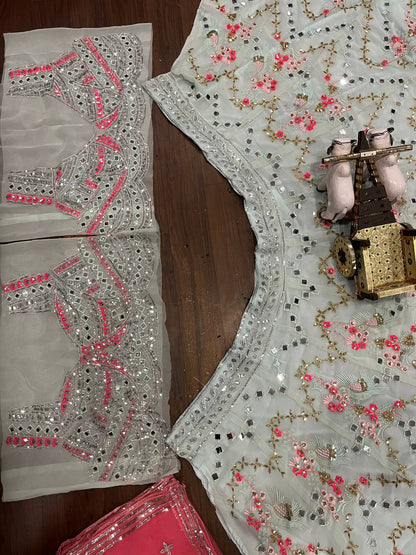 Sky Color Georgette Real Mirror Work Semi Stitched Lehenga