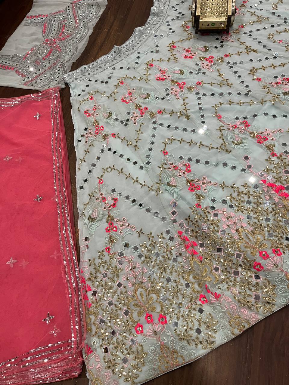 Sky Color Georgette Real Mirror Work Semi Stitched Lehenga