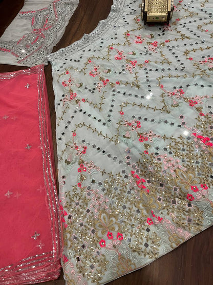 Sky Color Georgette Real Mirror Work Semi Stitched Lehenga