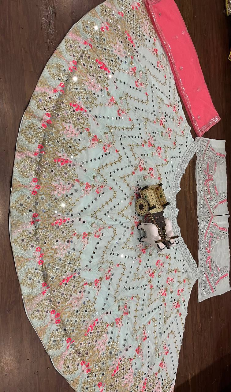 Sky Color Georgette Real Mirror Work Semi Stitched Lehenga