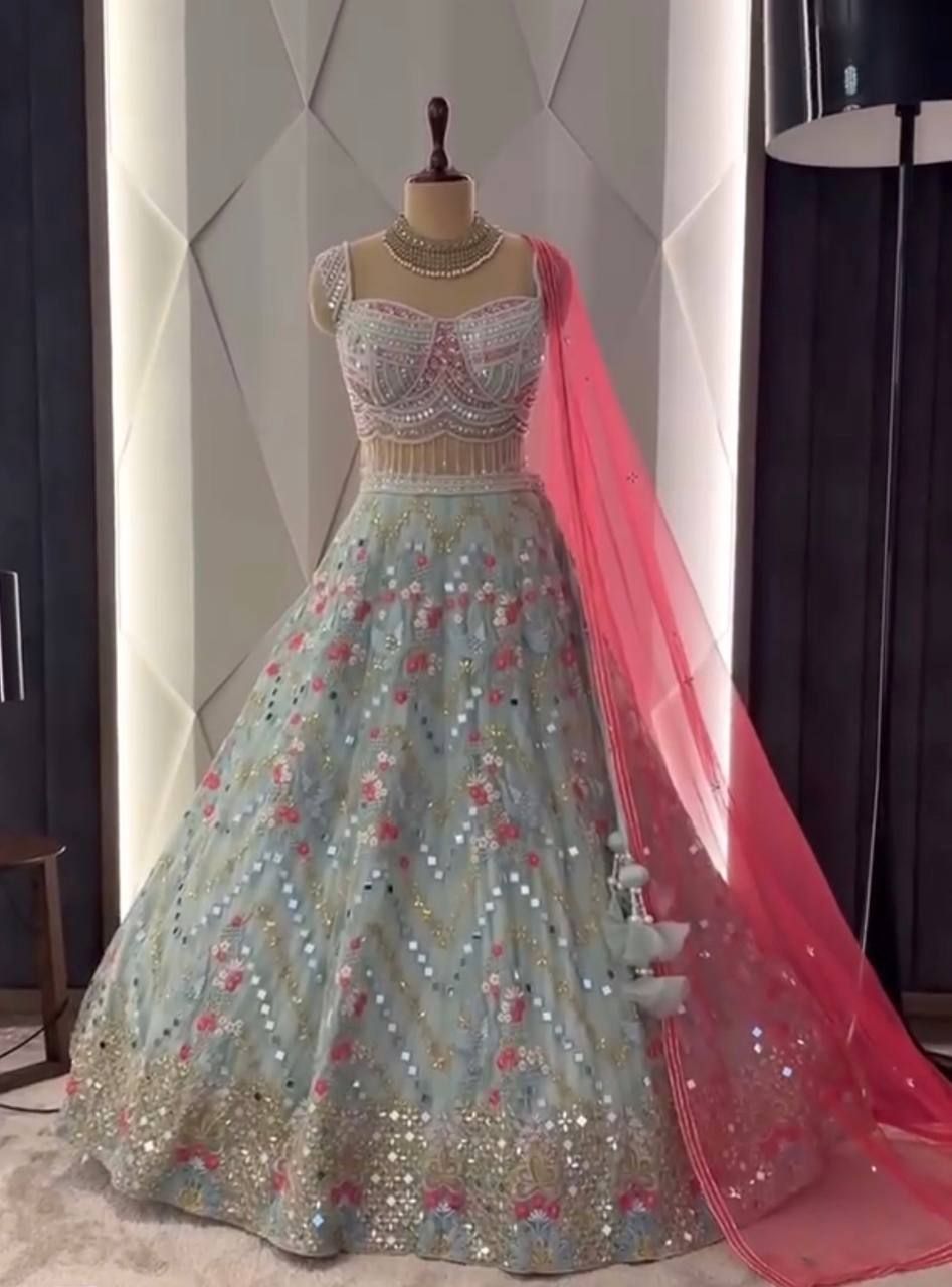 Sky Color Georgette Real Mirror Work Semi Stitched Lehenga