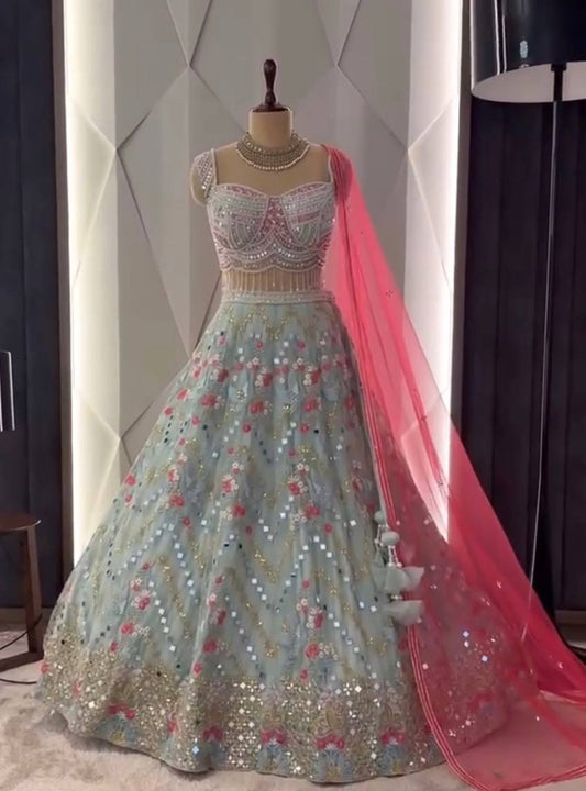 Sky Color Georgette Real Mirror Work Semi Stitched Lehenga