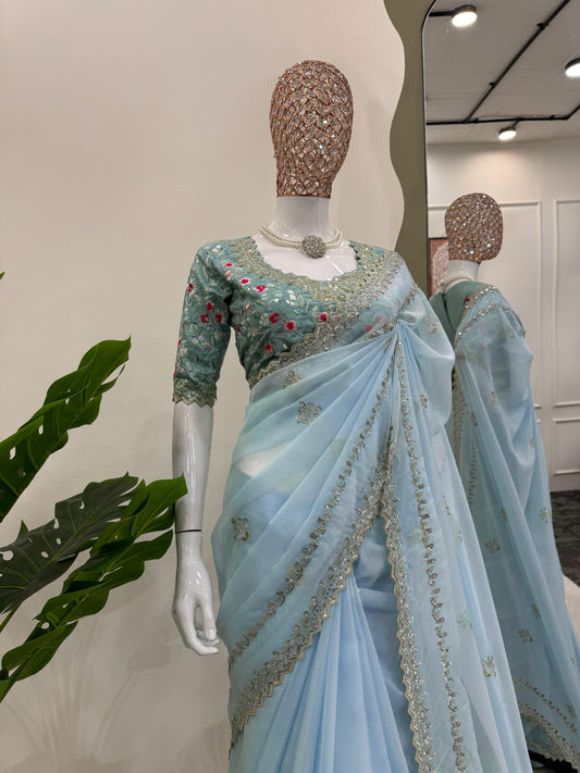 Skyblue Color Tuby Silk Embroidered Saree