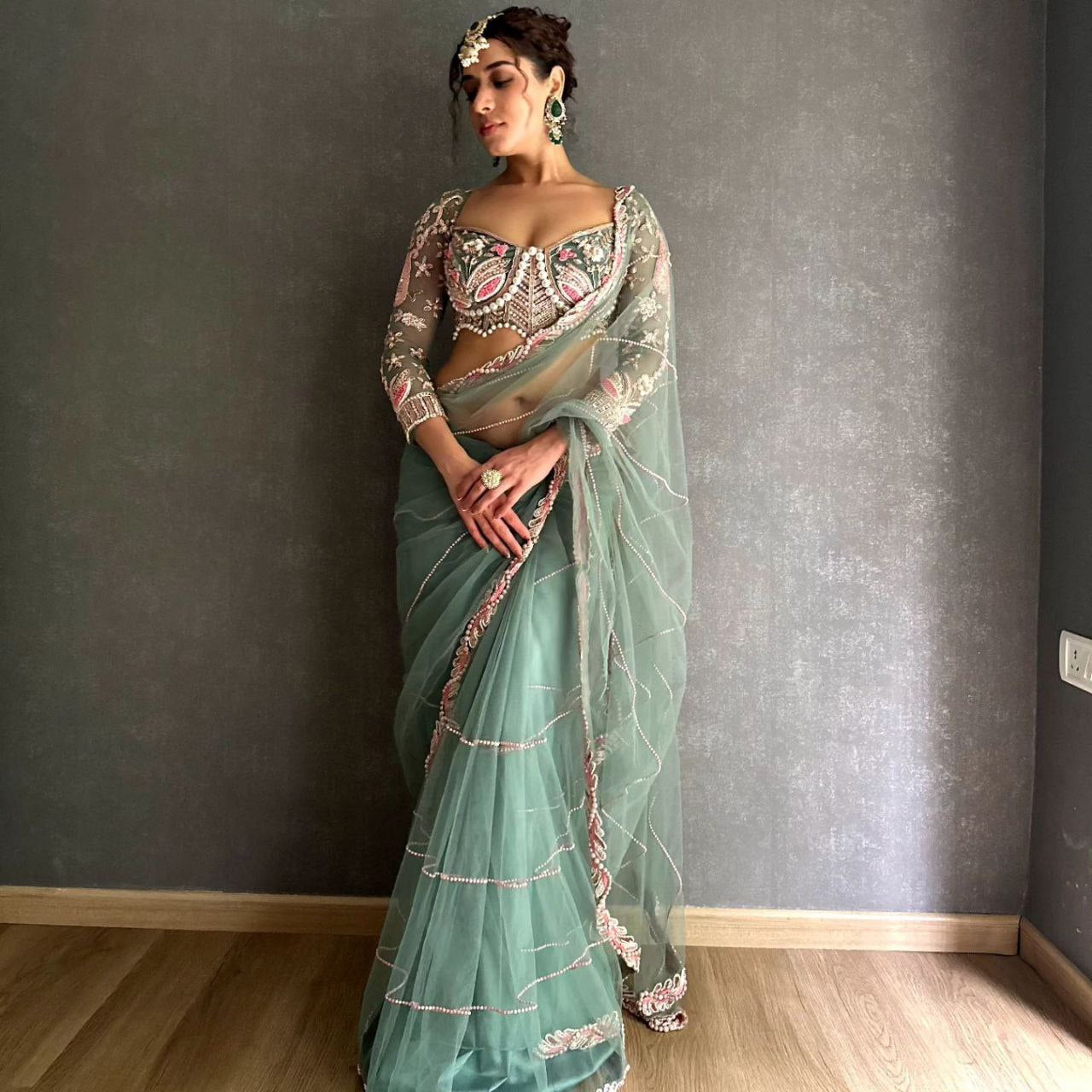 Sky Color Soft Net Saree With Heavy Pearl HandWork Blouse