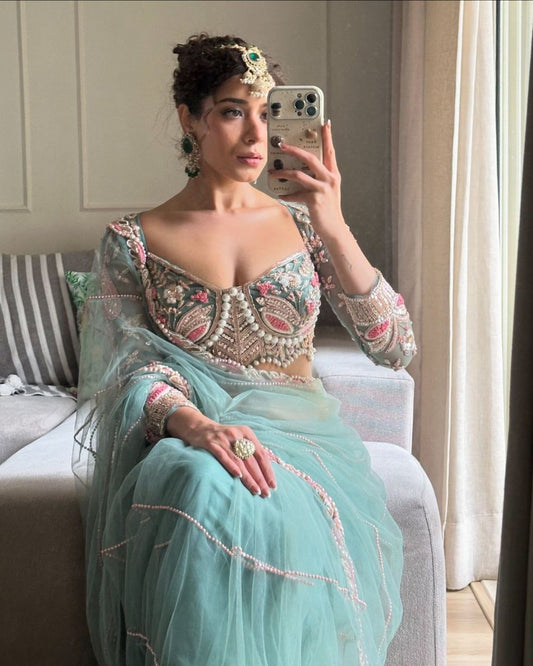 Sky Color Soft Net Saree With Heavy Pearl HandWork Blouse