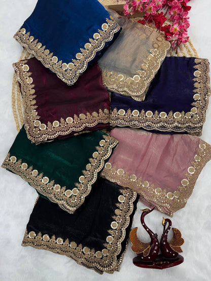 Silk Saree with Dual Sequins and Elegant Cording Embroidery Work