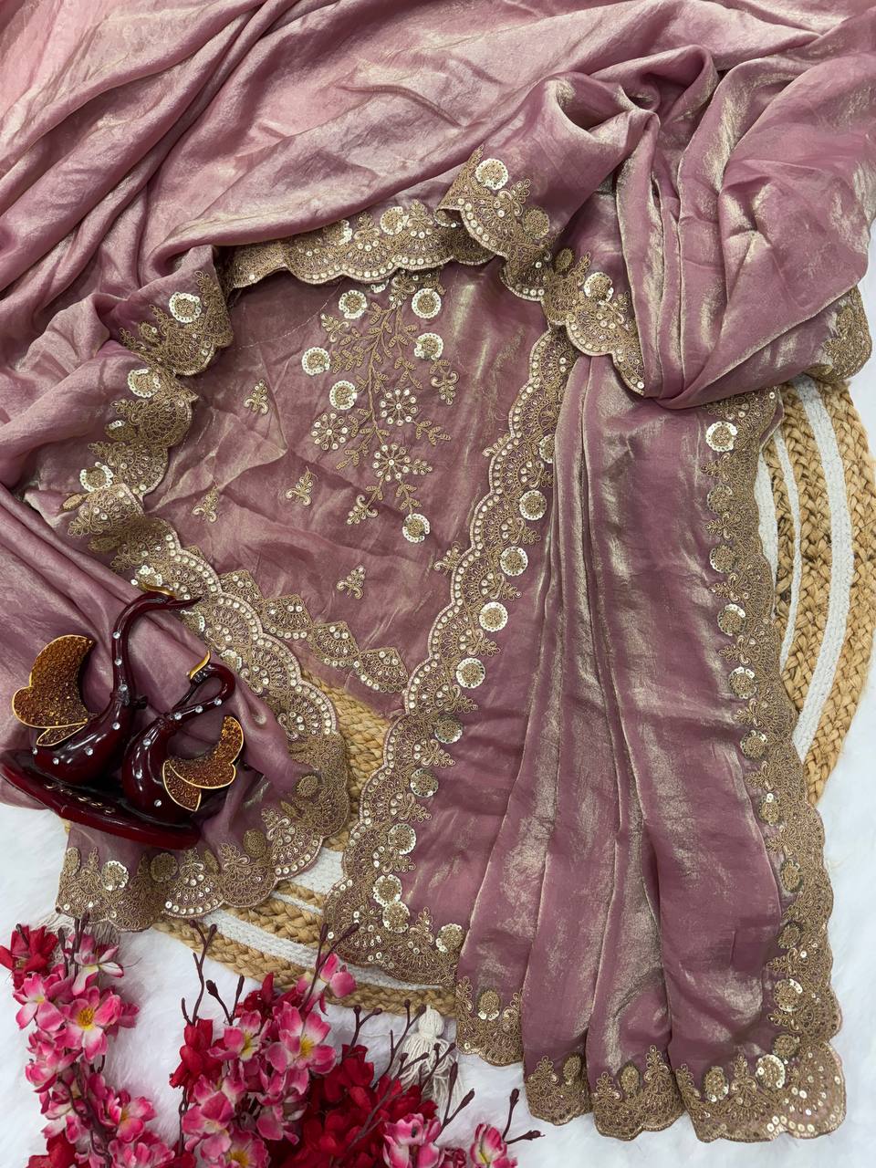 Silk Saree with Dual Sequins and Elegant Cording Embroidery Work