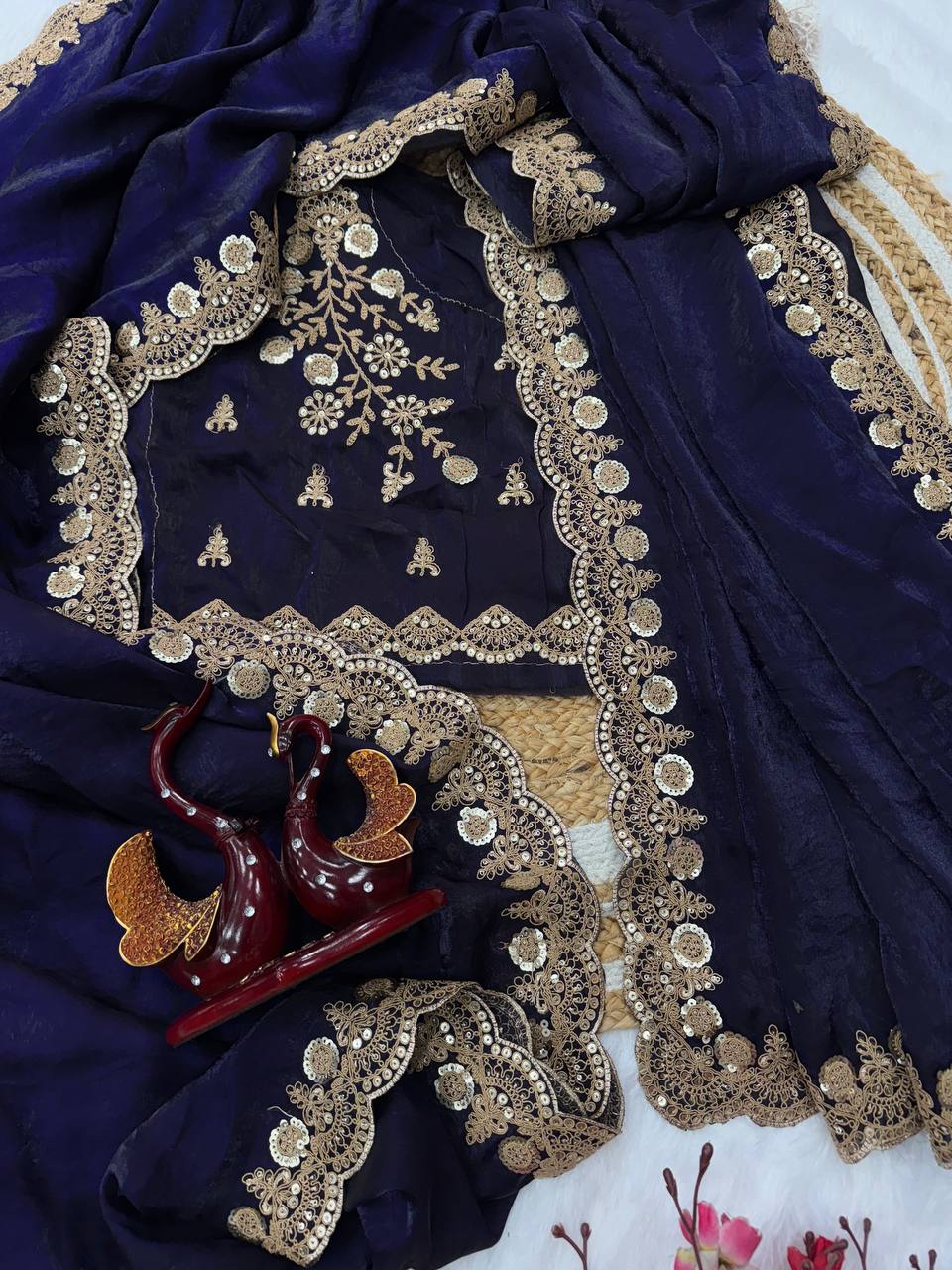 Silk Saree with Dual Sequins and Elegant Cording Embroidery Work