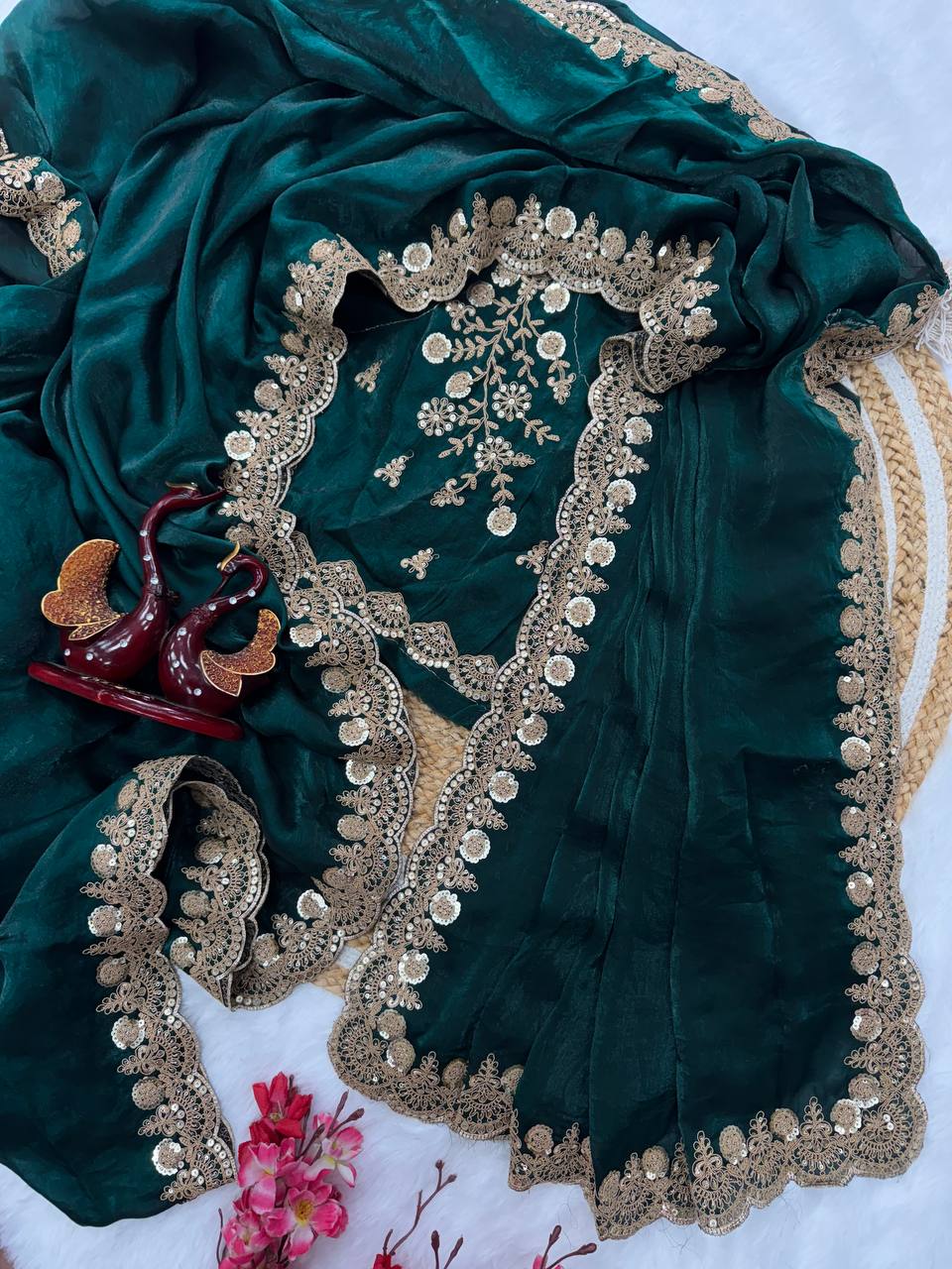 Silk Saree with Dual Sequins and Elegant Cording Embroidery Work