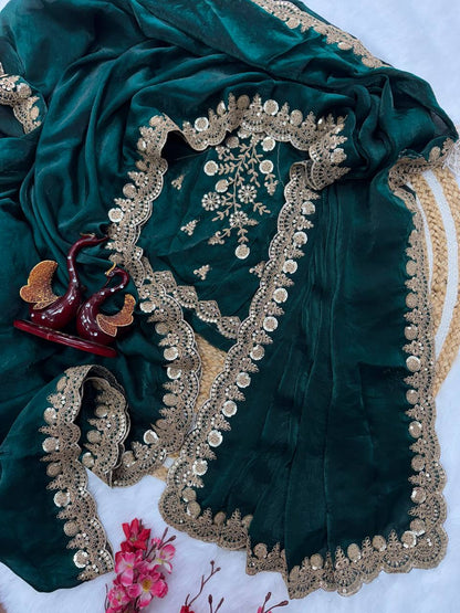 Silk Saree with Dual Sequins and Elegant Cording Embroidery Work